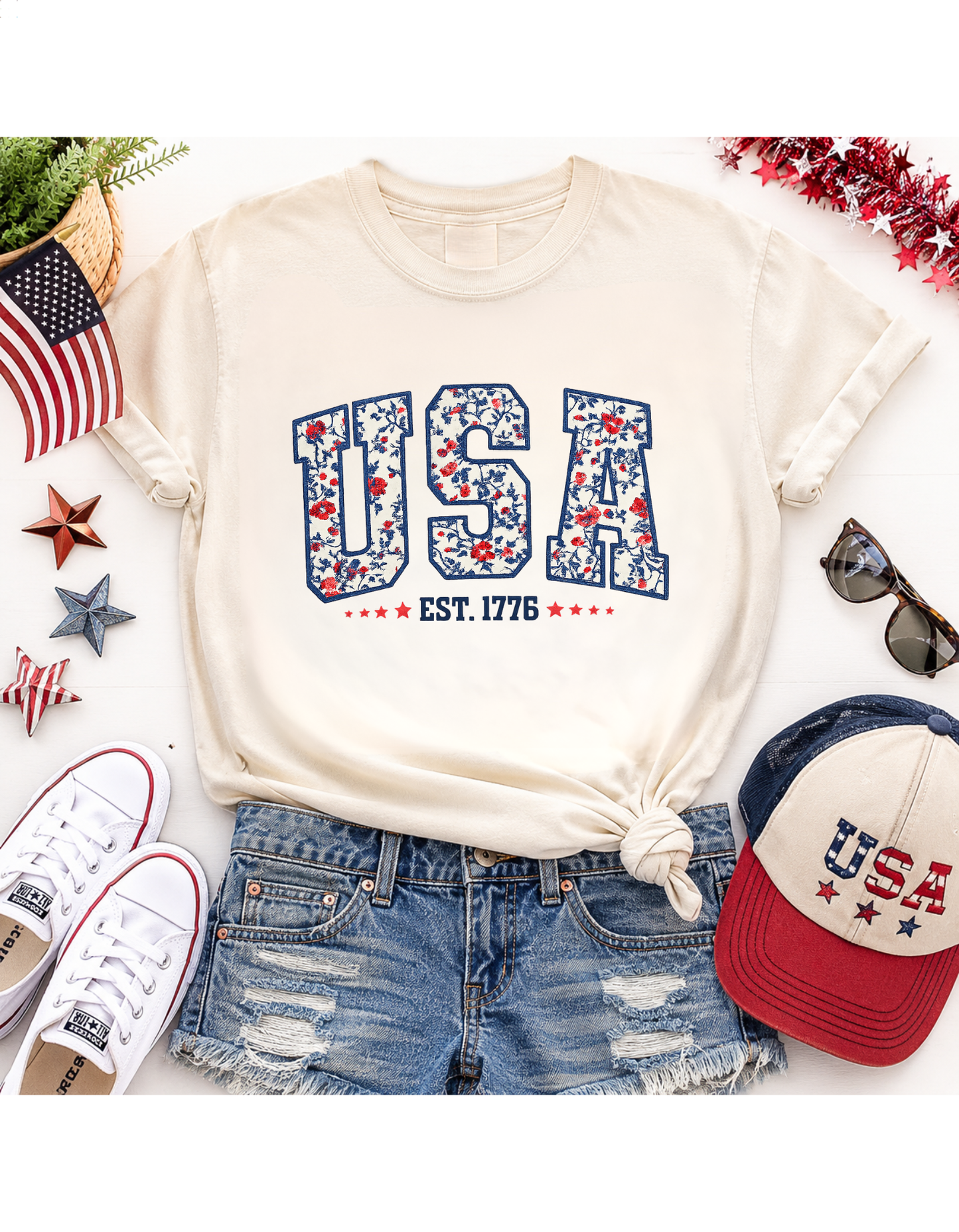 USA Est. 1776 Floral Varsity T-Shirt & Sweatshirt