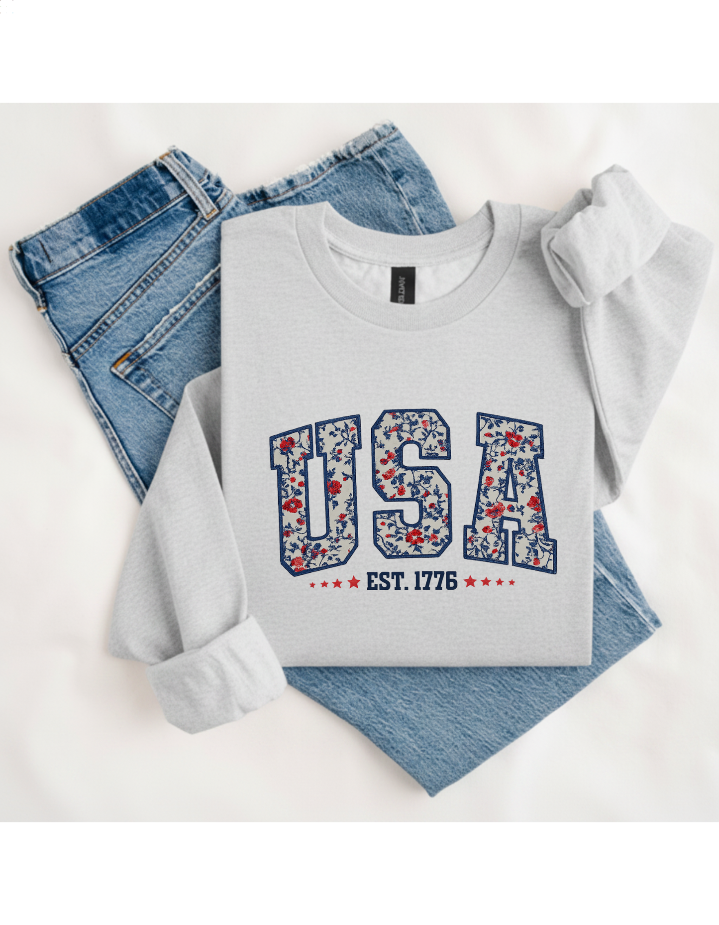 USA Est. 1776 Floral Varsity T-Shirt & Sweatshirt